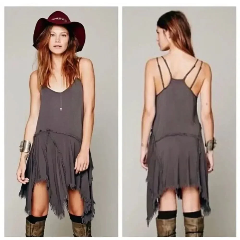 Intimately Free People Gray Tattered Up Fringe Hem Spaghetti Strap Boho Dress sz